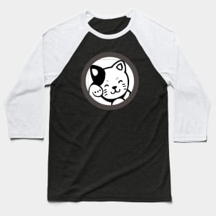 Cute cartoon kitty pawing its face, black& white circle frame Baseball T-Shirt